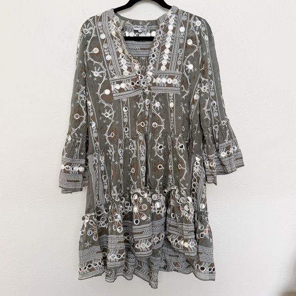 Juliet Dunn Mosaic Print Mirror-Appliqué Flutter Bell Sleeves Dress Brand Size 1 - Picture 12 of 14